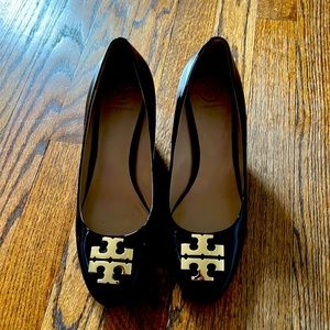 Tory Burch black patent leather wedges, size 8